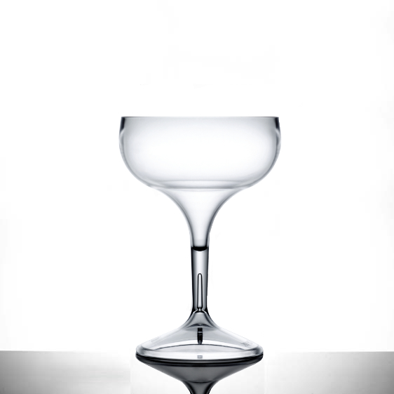 Set of 2 crystal-clear coupe cocktail glasses with stemmed design, made from durable polycarbonate. Romantic and shatter-resistant—ideal for gifting, date nights, and celebrations. Made in UK.